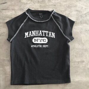 Forever 21 Top Medium NYC Black Cropped Baby Tee Ribbed Grunge Y2K Baddie Indie